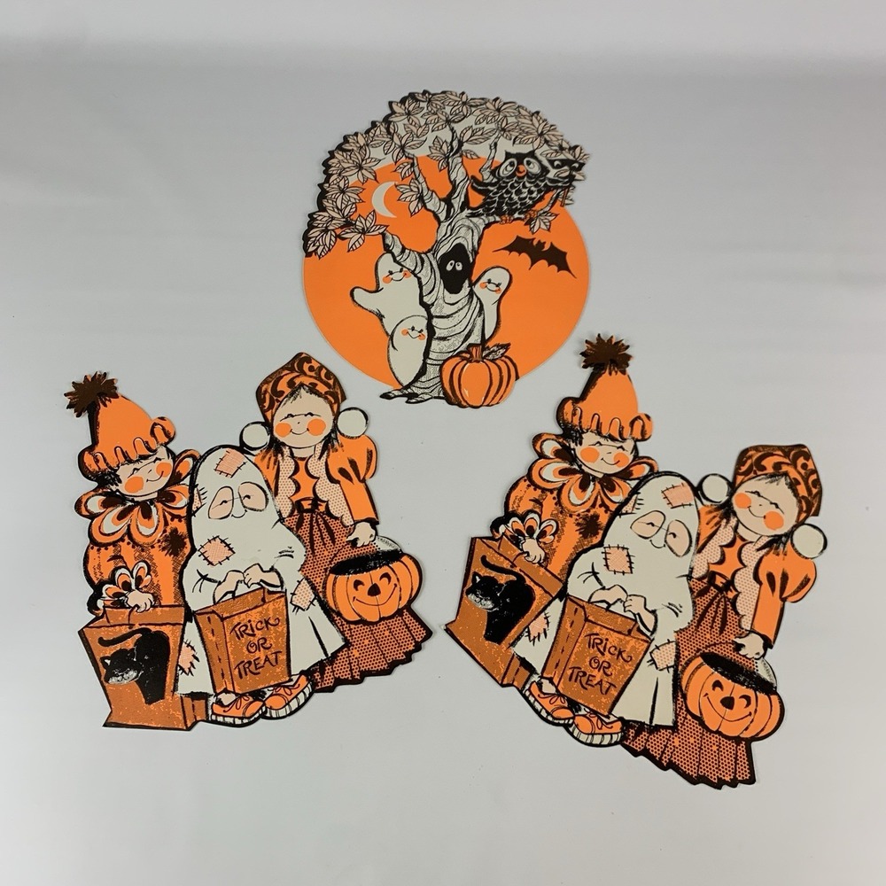 Lot of 3 Vintage Halloween Die Cut Decorations Ghost Clown Gypsy Pumpkin Cute
